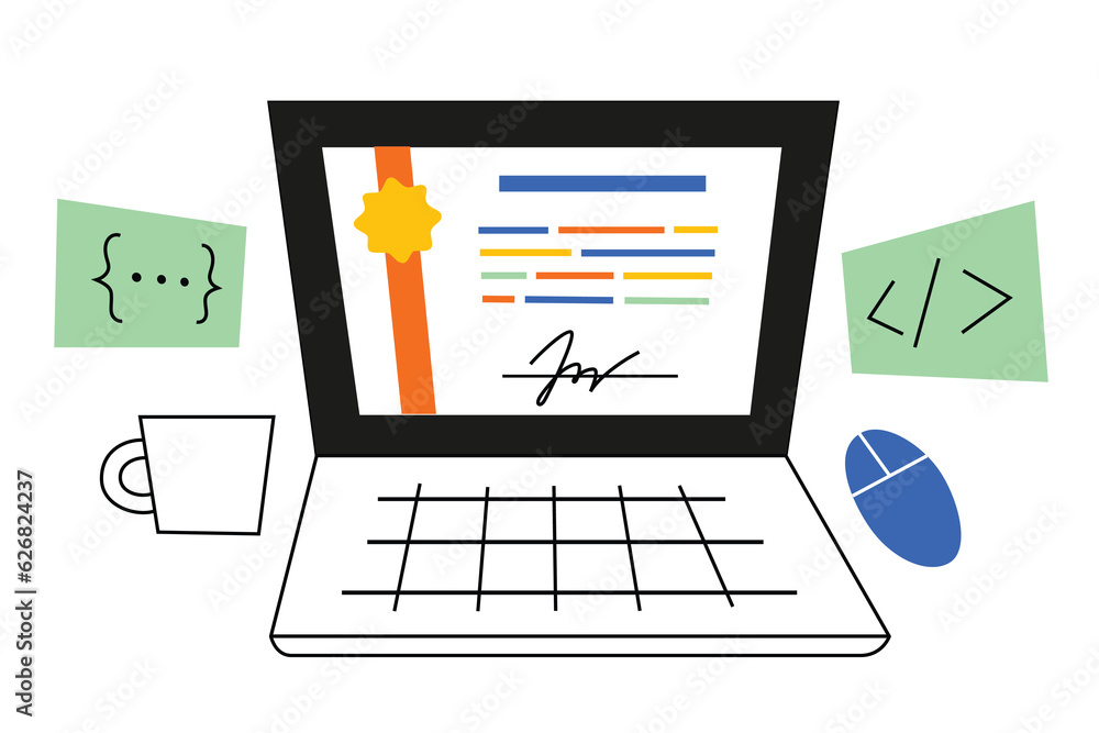 Poster online courses certificate on laptop screen, it professions education, learn to code, taking classes