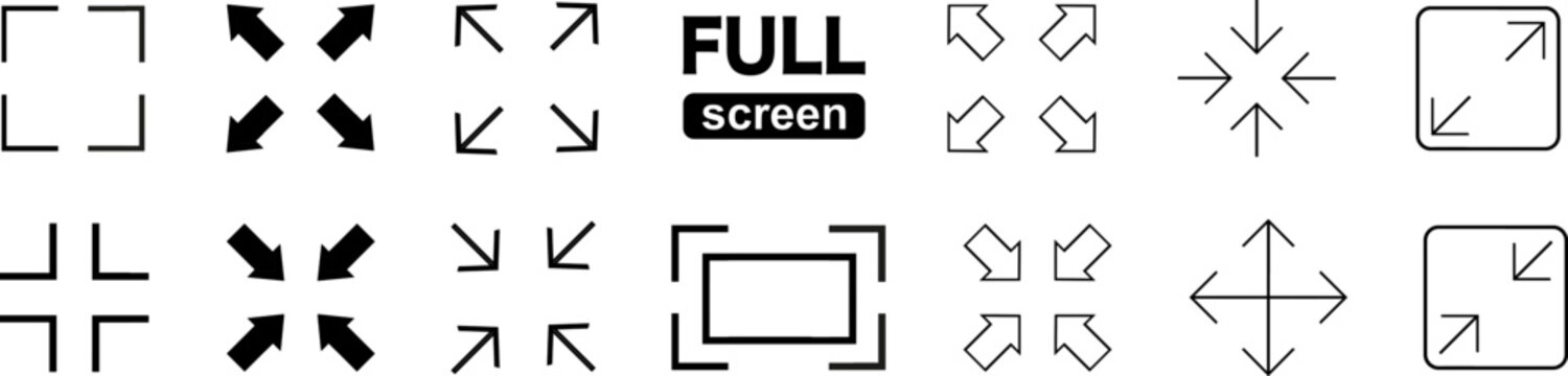 Full screen vector black icons. Set of full screen and exit full screen icon. 