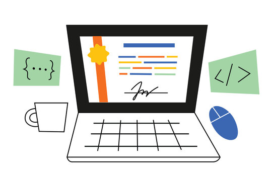 Online courses certificate on laptop screen, IT professions education, learn to code, taking classes in web developmentt, hand drawn composition with html symbols, distant classes vector illustration