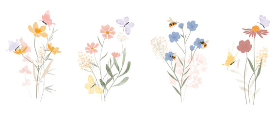 Set of botanical bouquet vector element. Collection of butterfly, bee, flowers, wildflowers, leaves branch. Watercolor floral illustration design for logo, wedding, invitation, decor, print. 
