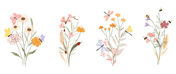 Fototapeta na wymiar Set of botanical bouquet vector element. Collection of dragonfly, ladybug, butterfly, bee, flowers, wildflowers. Watercolor floral illustration design for logo, wedding, invitation, decor, print. 