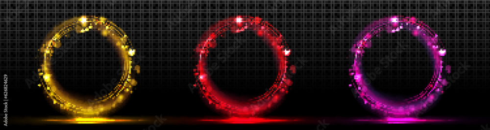 Poster realistic set of color light circles with magic flare effect isolated on transparent background. vec