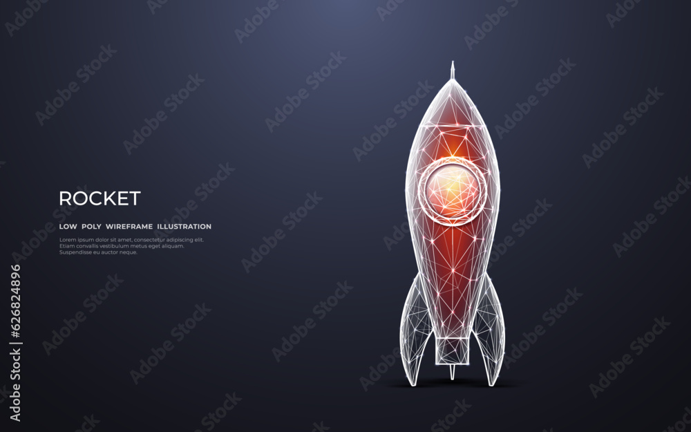 Poster Abstract retro rocket consists of polygons, lines, and connected dots with bright color effects. Digital spaceship stands before launch. Low poly wireframe with doodle outline. Vector illustration.