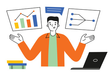 Man makes presentation with data analysis, online education concept, data science courses, hand drawn composition with cartoon teacher, vector illustration of IT cand business classes, colored clipart