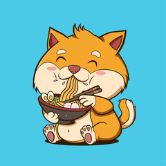 Cute cat eating ramen noodle vector illustration