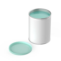 Metal can with turquoise paint on white background