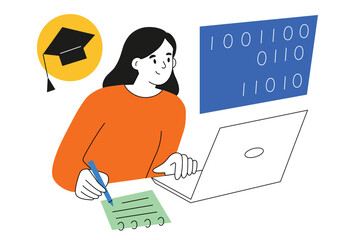 Cartoon woman learning to code, online courses concept, education in IT, digital professions, programmer working on laptop, binary code on screen, vector illustration of information technology classes