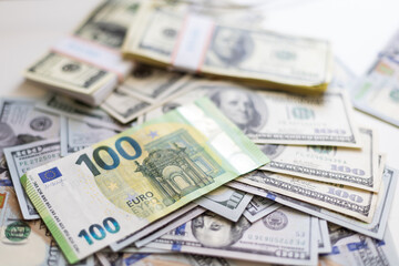 euro and dollars banknotes on isolated white background