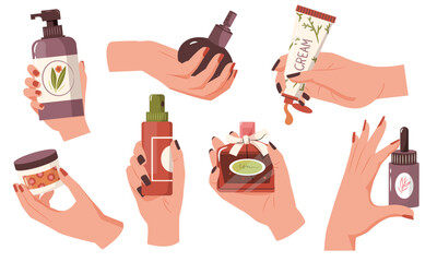 Cartoon hands with cosmetics. Woman hands with perfume and cosmetic bottles, woman care products flat style. Vector isolated set
