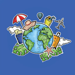 Hand drawn summer and travel time vector banner design with vintage  beach elements isolated on blue background Hand drawing illustration Summer vacation design element for card or banner designs