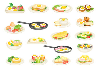 Tasty Egg Food with Cooked Meal Served on Plates Big Vector Set