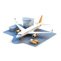 Airport Isometric Low Poly Icon. Infographic element representing terminal, jet airplane, ground support vehicles, equipment and traffic control tower. Isolated on white background.