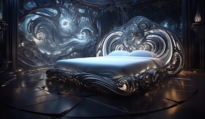Modernes Bett im Fantasy Stil mit metallisch aussehenden Strukturen, AI generiert