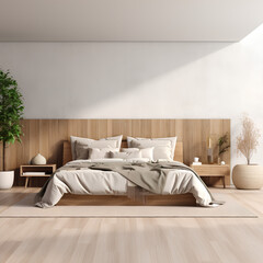 Bungalow bedroom with empty wall mockup