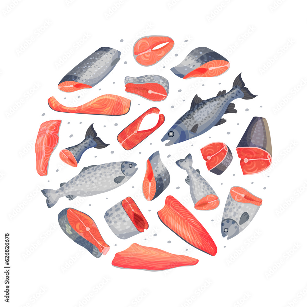 Poster fresh fish round composition design with flesh and fillet vector template