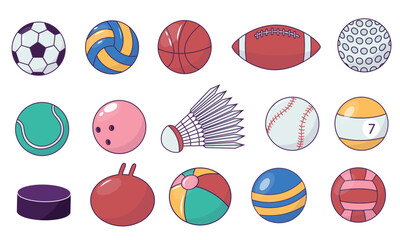 Fototapeta premium Game ball colletion. Cartoon billiard football and ping-pong balls, leisure sports equipment, flat colorful collection of spheres. Vector isolated set