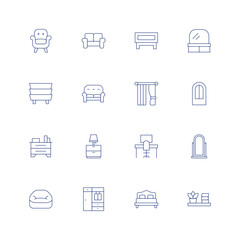 Home furniture line icon set on transparent background with editable stroke. Containing armchair, sofa, coffee table, dressing table, bedside table, curtain, house door, cabinet, table lamp, desk.