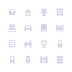 Home furniture line icon set on transparent background with editable stroke. Containing armchair, sink, clothes rack, dresser, bed, sofa, cupboard, home theater, cabinet, table, desk lamp, mirror.