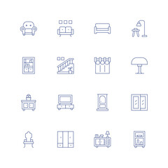 Home furniture line icon set on transparent background with editable stroke. Containing armchair, sofa, couch, floor lamp, bookcase, stairs, curtains, lamp, cabinet, tv, door, window, chair, wardrobe.