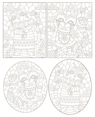 Naklejka premium Set of contour illustrations in stained glass style with cute cartoon cats, dark outlines on a white background