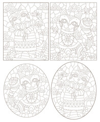 Set of contour illustrations in stained glass style with cute cartoon cats, dark outlines on a white background