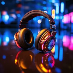 Neon Headphones. Neon Light Headphones Isolated on a Bokeh Background. DJ. Music. Audio. Sound. Background With a Copy Space. Brilliant. Made With Generative AI.