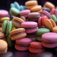 multicolored macarons, black background. AI generated image