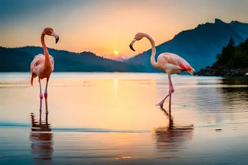 Fotobehang flamingos on the beach © Abdul