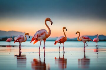 Silhouetted against the setting sun, flamingos grace the horizon, painting a picturesque scene in twilight's glow