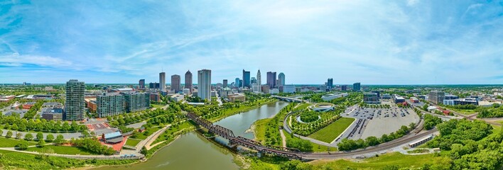 Aerial panorama wide view of Columbus Ohio with distant skyscrapers