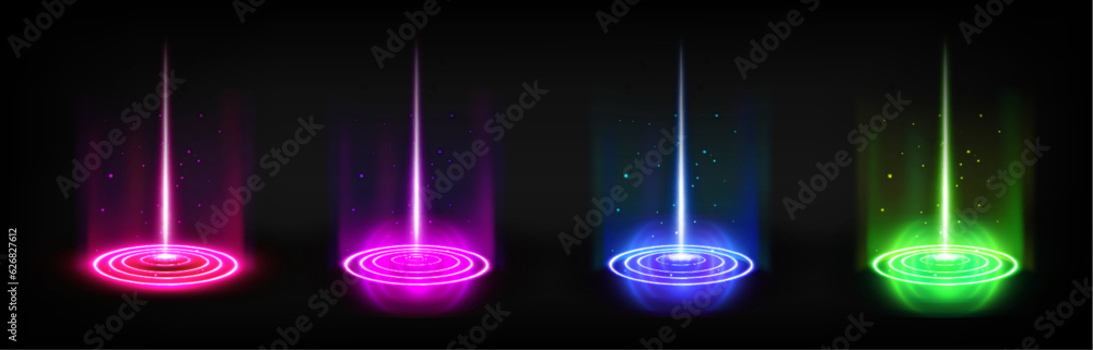 Poster set of round hologram portals with color light effect. vector realistic illustration of futuristic g