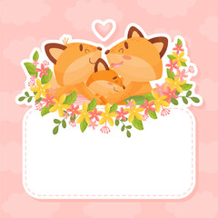 Empty Note Card with Happy Fox Family with Mother, Father and Little Cub Vector Template