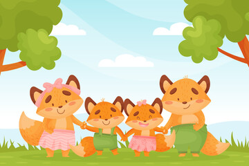 Happy Fox Family with Mother and Father with Little Cub Vector Illustration