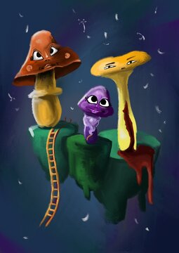 Funny mushrooms on the flying island. Illustration in modern style on coloured background. 