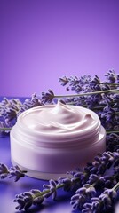 Natural lavender cosmetic cream. Moisturizer with lavender, purple AI background
