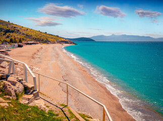 Sunny morning view of Lukove beach. Bright summer seascape of Adriatic sea. Impressive outdoor scene of Albania, Europe. Vacation concept background..