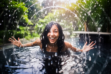 Fototapeta premium Jeune fille, femme se baignant et jouant avec l'eau et les éclaboussures - Générative IA
