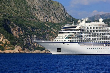 Nose of the white cruise liner on mountain background, Dubrovnik, Croatia