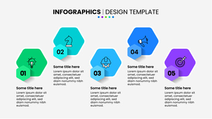 Infographic template. 5 hexagons with icons and numbers