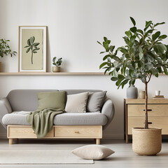 modern living room with a couch and a lot of green plants