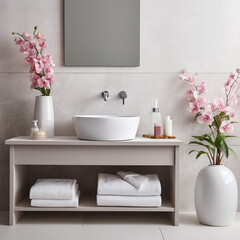 Fototapeta na wymiar modern minimalistic white bathroom with cosmetics products and plants