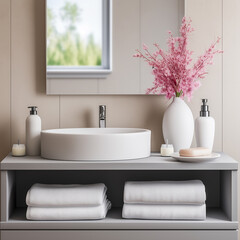 Naklejka na ściany i meble modern minimalistic white bathroom with cosmetics products and plants