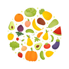 Fruit and Vegetable Round Composition Design with Ripe Garden Crop Vector Template