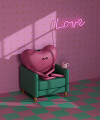 Cartoon heart with arms and legs siting in chair in room. Heart health. Heart attack disease. Valentine's Day. Valentine poster. Background with copyspace. 3d render, 3d illustration.