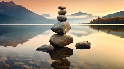 Stone balancing with the sunset behind the stones, background of lake with fog, zen concept, beautiful image