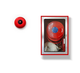 Fire extinguishers and warning bells for fire protection on cement walls PNG transparent