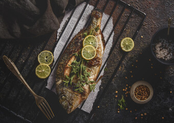A grilled fish on a rustic wooden surface