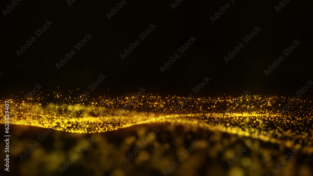 Poster golden particles glittering waves flowing with dots and dust, digital cyberspace abstract background