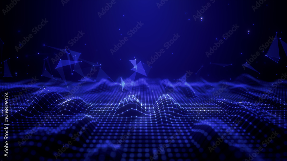 Poster blue particles wave flowing with lines and dots connection, digital cyberspace is futuristic, techno