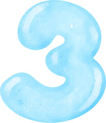 cute vibrant blue  Watercolor Number 3, three. joyful Nursery Art.